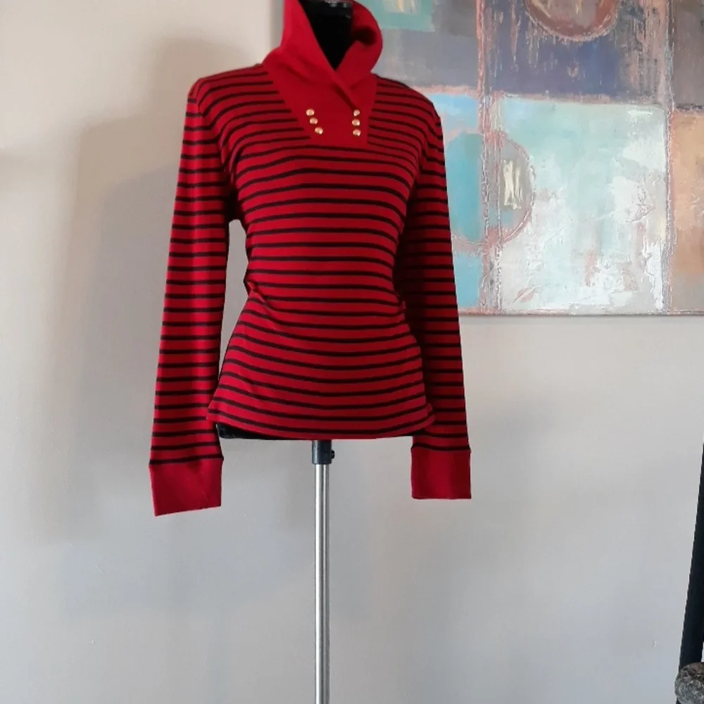 Chaps by Ralph Lauren Highland Red & Black Striped Shawl Collar Top Size L / NWT - Picture 10 of 14